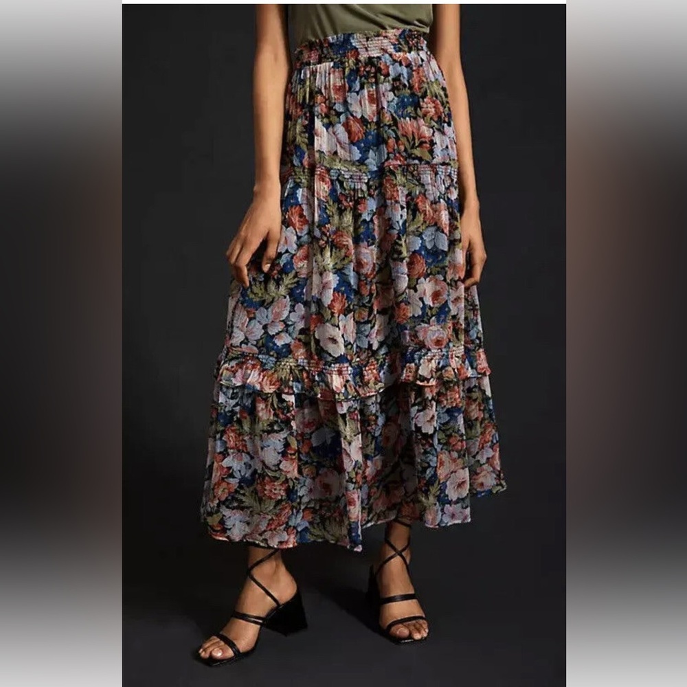 Anthropology Floral Tiered Maxi Skirt